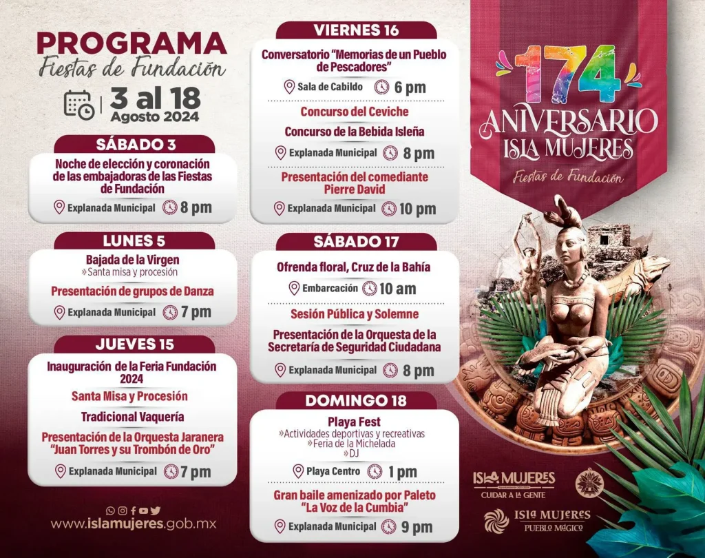 Programa de activides fiestas de fundación Isla Mujeres 174 Aniversario